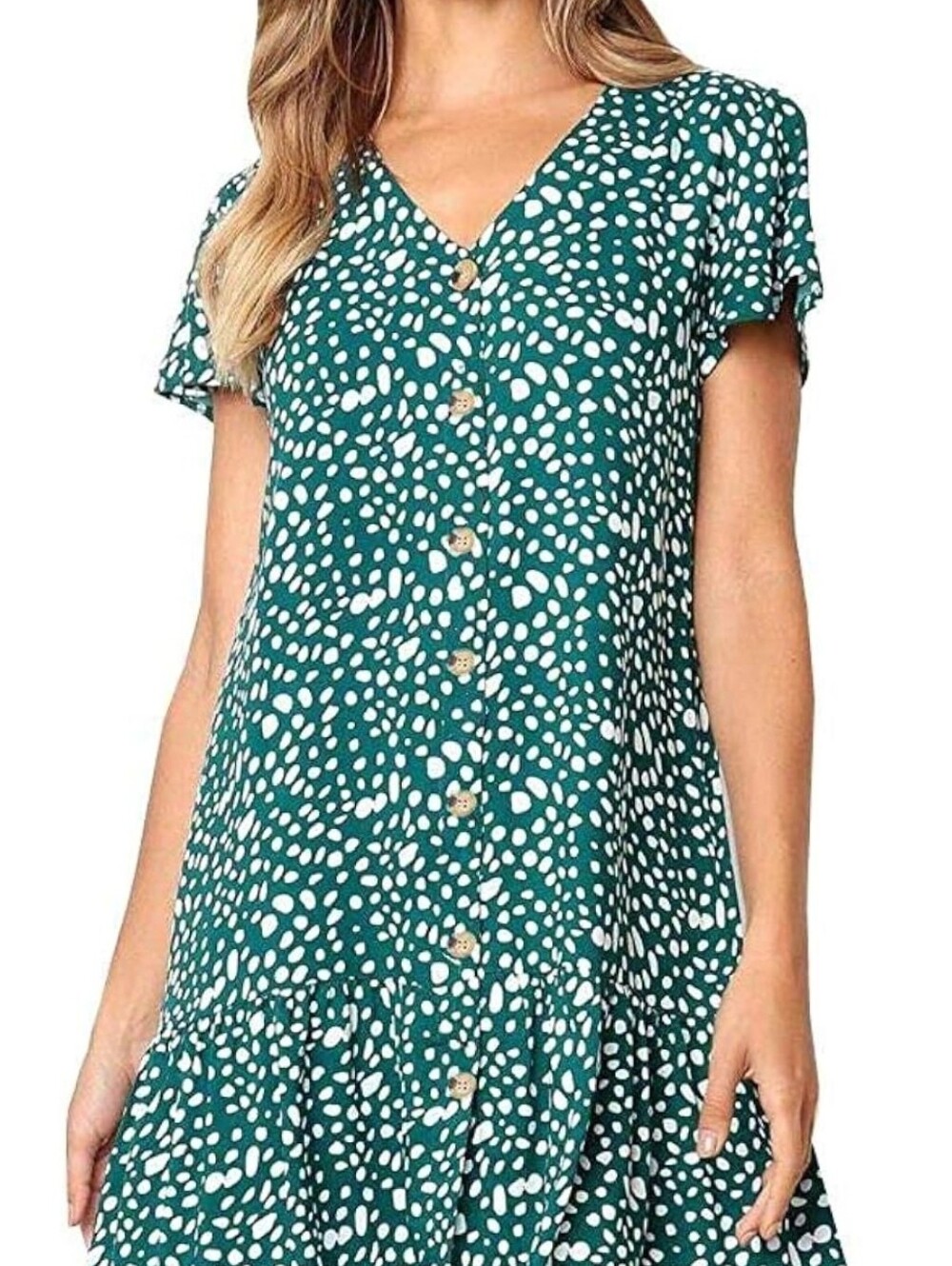 Casual Green and White Polka Dot Button-Front Dress - Picture 2 of 9
